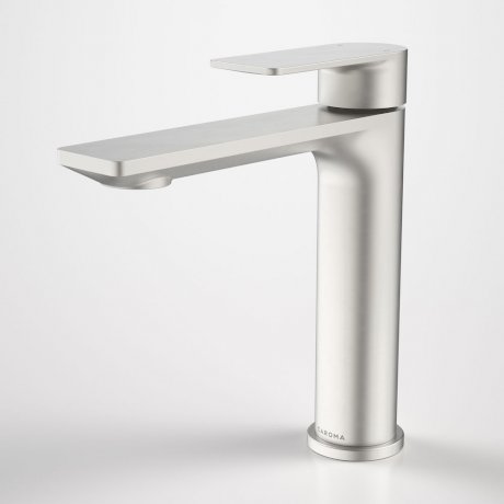 Caroma Urbane II mid tower basin mixer in brushed nickel, front angle view, with flat lever handle and slim spout