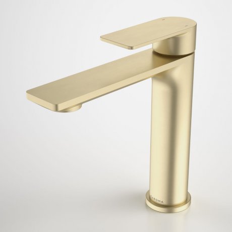 Caroma Urbane II mid tower basin mixer in brushed brass, front view on white background