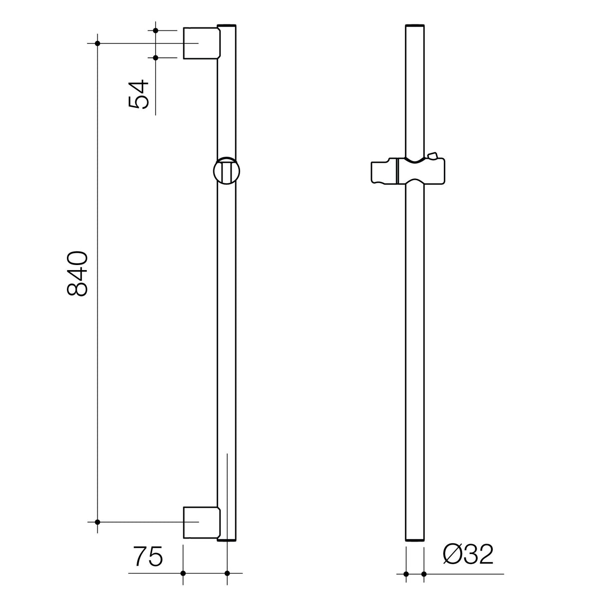 Caroma Opal Support Shower Rail straight 900mm technical drawing in brushed nickel, 32mm diameter with slider dimensions highlighted