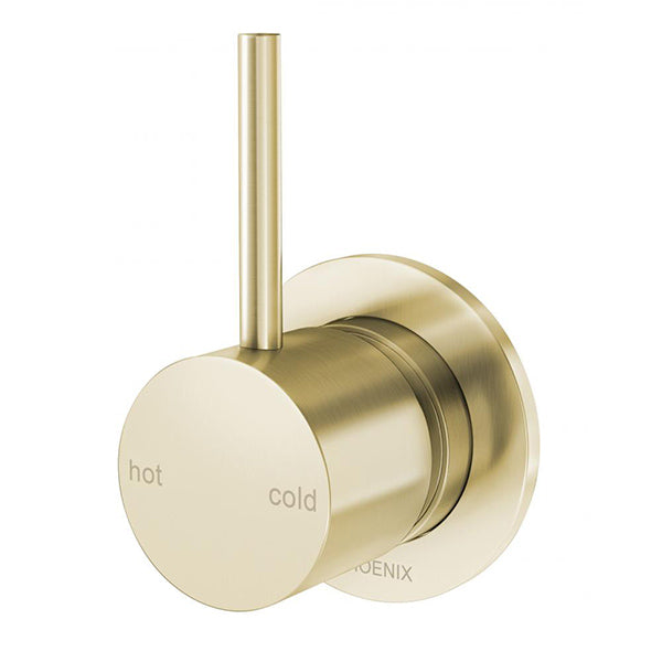 Phoenix Vivid Slimline Up shower wall mixer in brushed gold, round wall-mounted tap with slim lever