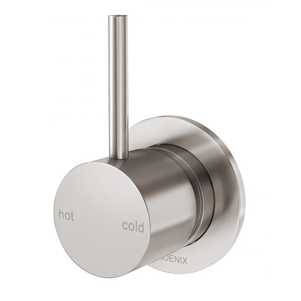 Phoenix Vivid Slimline brushed nickel wall mixer tap with slim lever handle and round escutcheon, front view on white background