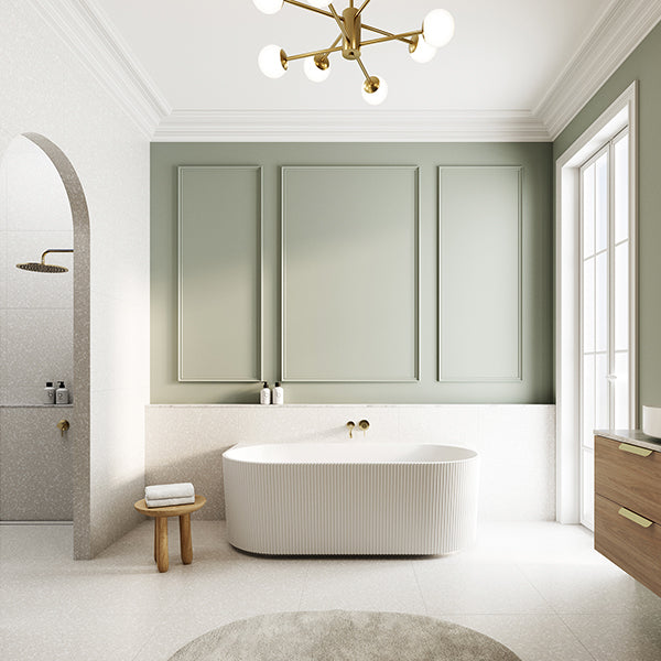 Timberline Nevada Plus wall hung vanity in elegant oak with above counter basin, shown in a stylish bathroom interior