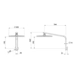 Phoenix Oxley high-rise shower arm and rose technical drawing in brushed gold, wall-mounted with 250mm rose and 346mm reach