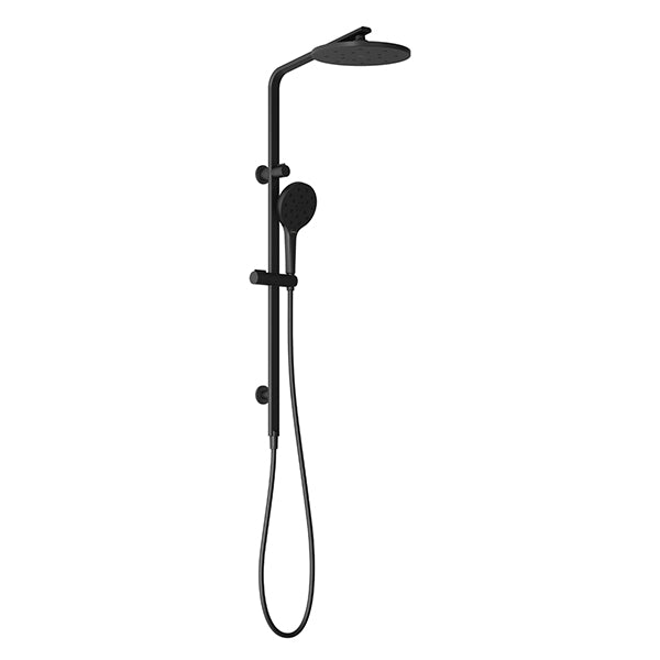 Phoenix Oxley twin rail shower in matte black, with overhead rose, handpiece and wall-mounted rail