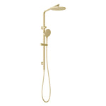 Phoenix Oxley twin rail shower in brushed gold with overhead rose, handpiece and hose on wall-mounted rail
