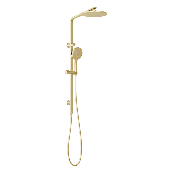 Phoenix Oxley twin rail shower in brushed gold with overhead rose, handpiece and hose on wall-mounted rail