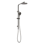 Phoenix Oxley twin rail shower in brushed carbon, with overhead rose, hand shower and rail on white background