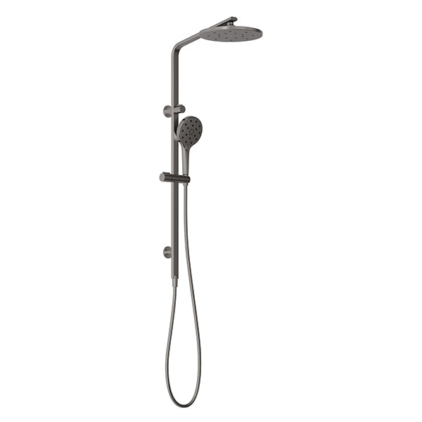 Phoenix Oxley twin rail shower in brushed carbon, with overhead rose, hand shower and rail on white background