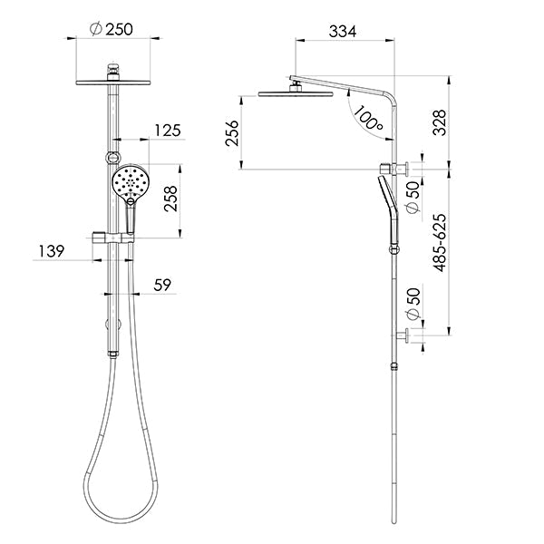 Phoenix Oxley twin rail shower technical drawing in brushed gold, showing overhead rose, handpiece and dimensions