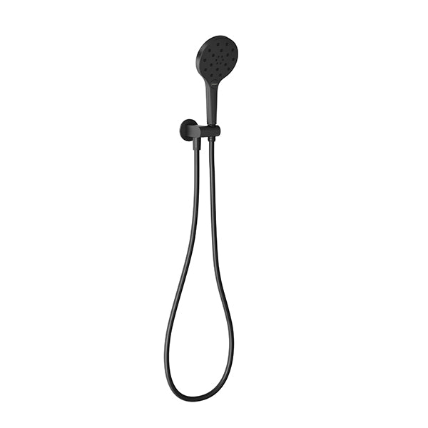 Phoenix Oxley hand shower in matte black, wall-mounted with flexible hose and adjustable bracket, front view on white background