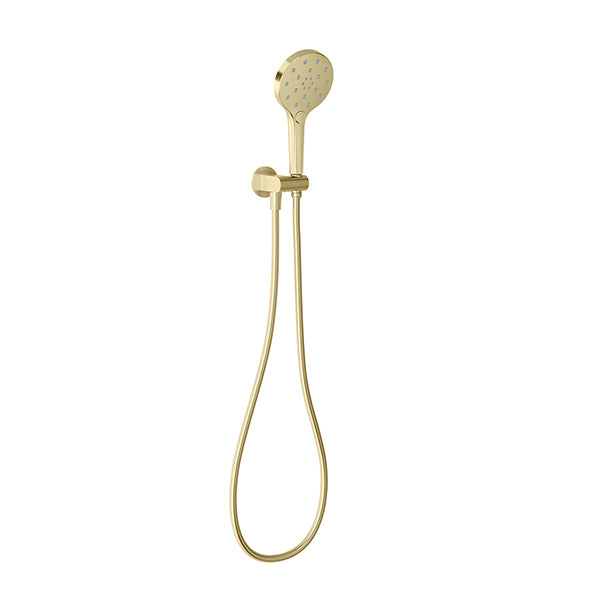 Phoenix Oxley hand shower in brushed gold with wall bracket and hose on white background