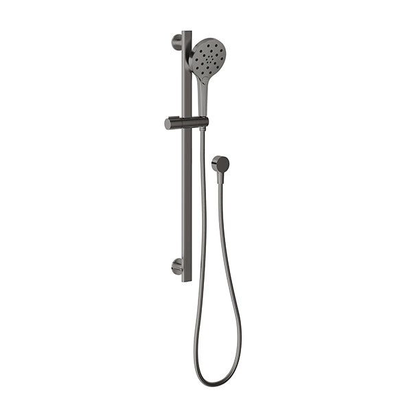 Phoenix Oxley rail shower in brushed carbon, wall-mounted with adjustable handpiece and hose on white background