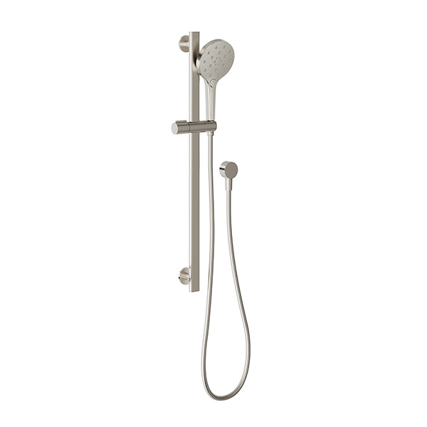 Phoenix Oxley rail shower in brushed nickel, wall-mounted with hand shower and hose on white background