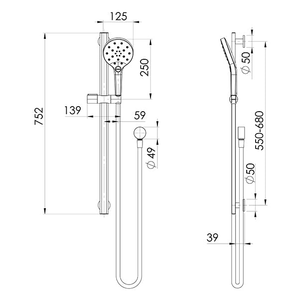 Phoenix Oxley rail shower technical drawing in brushed gold, wall-mounted with round handpiece and rail dimensions shown