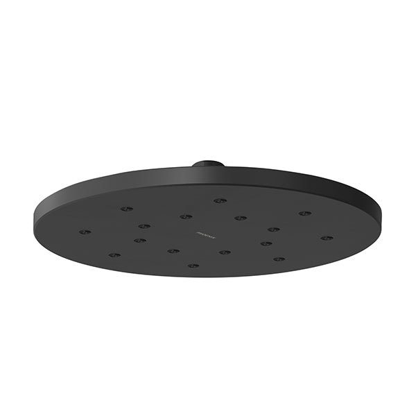 Phoenix LuxeXP round shower rose, 250mm, matte black, low-profile shower head in underside view