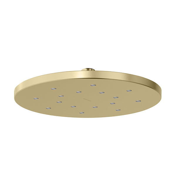 Phoenix LuxeXP round 250mm shower rose in brushed gold, low-profile overhead shower head on white background