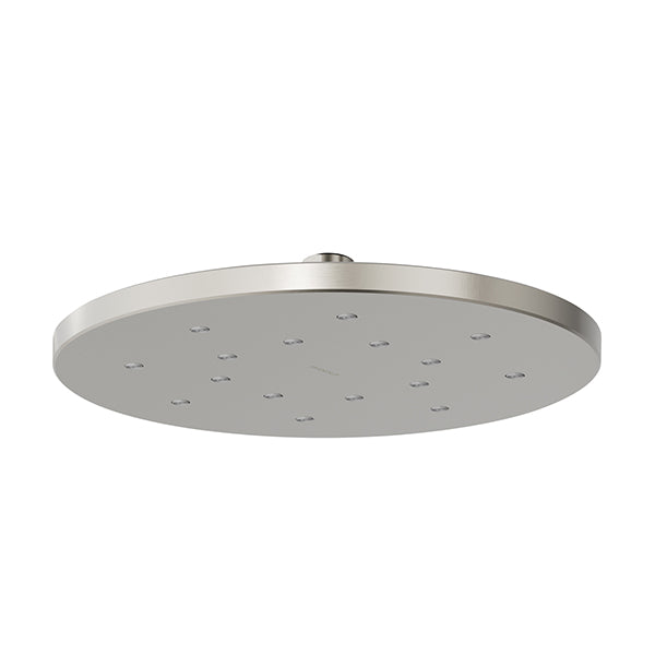 Phoenix LuxeXP round shower rose 250mm in brushed nickel, low-profile rain shower head, underside view on white background