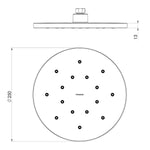 Phoenix LuxeXP round shower rose 250mm chrome, technical drawing showing front and side views