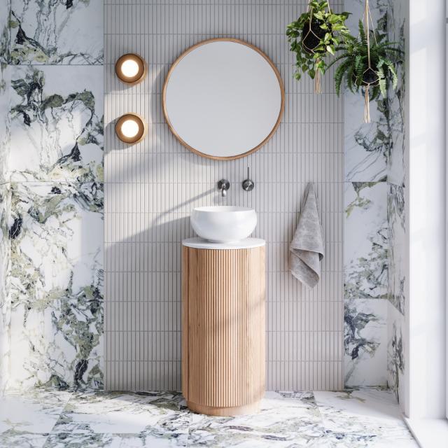 Bathroom vanity scene with Nero Mecca twin shower tapware in matte white on tiled wall, plus round mirror and basin