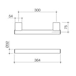 Caroma Opal 300mm straight support rail technical drawing, brushed nickel, with dimensions and 32mm rail detail
