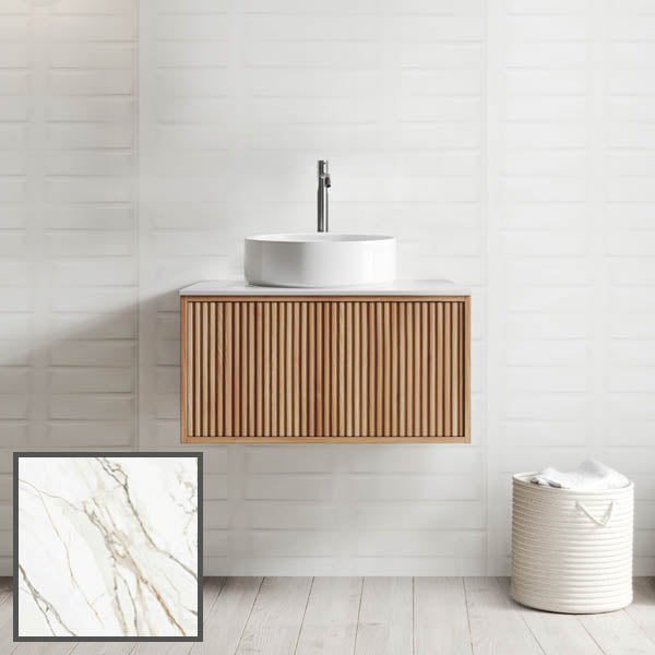 Ingrain Grooved wall-hung vanity in woodgrain finish with fluted front, white round basin and tap on mixed-veins porcelain top