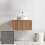 Ingrain grooved wall hung vanity with white round basin, ash woodgrain finish and grey top in bathroom setting