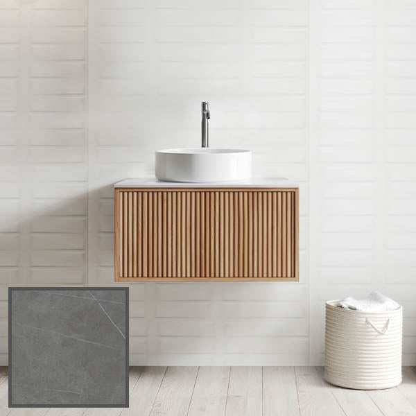 Ingrain grooved wall hung vanity with white round basin, ash woodgrain finish and grey top in bathroom setting