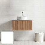 Ingrain grooved wall-hung vanity with ash timber finish, white round basin and bench-mounted tap, front view