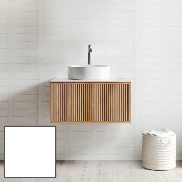 Ingrain grooved wall-hung vanity with ash timber finish, white round basin and bench-mounted tap, front view