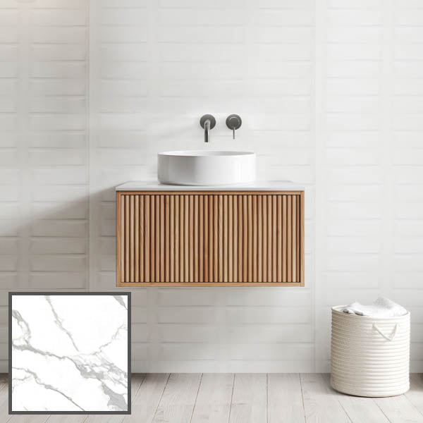 Ingrain Grooved wall hung vanity with fluted woodgrain front, white round basin and wall-mounted taps, front view