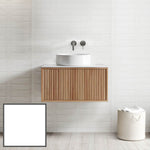 Ingrain Grooved wall hung vanity with ash timber grooved front, white round basin and wall-mounted taps