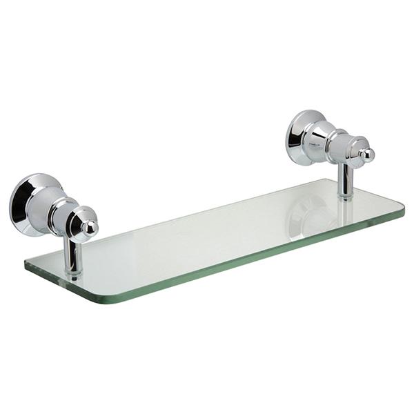 Fienza Lillian chrome glass bathroom shelf with clear rectangular shelf and wall brackets