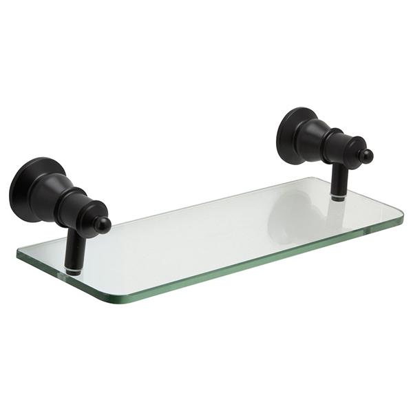 Fienza Lillian glass bathroom shelf with matte black brackets and clear glass, wall-mounted view