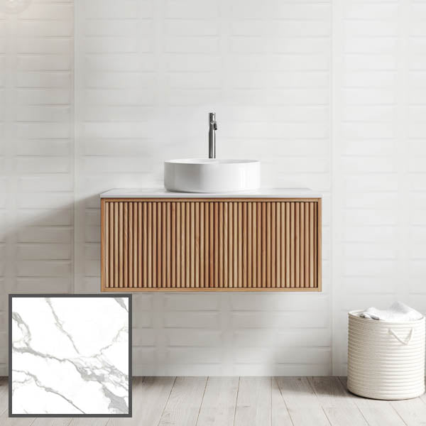 Ingrain Grooved wall-hung vanity with Ash timber veneer, grey veined porcelain top and round basin