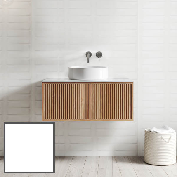 Ingrain Grooved wall hung vanity with fluted woodgrain front and white basin in a bathroom setting