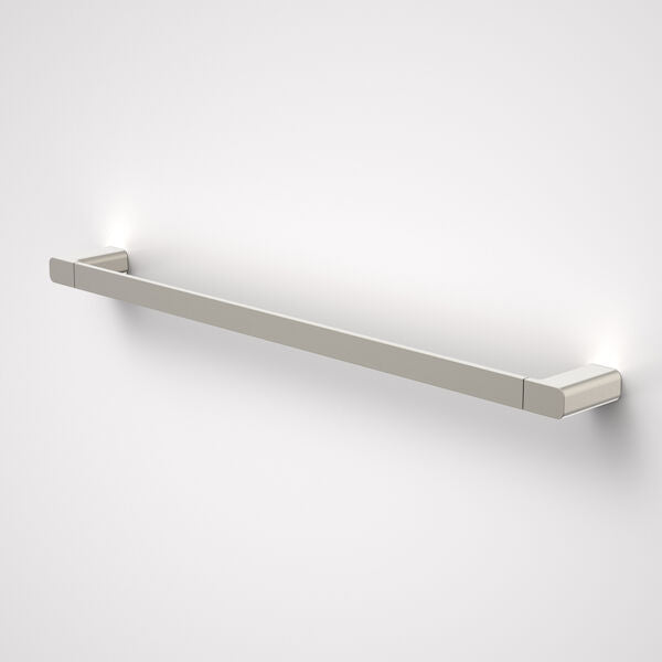 Caroma Luna 630mm single towel rail in brushed nickel, wall-mounted with slim straight bar and concealed fixings