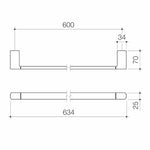 Technical drawing of Caroma Luna single towel rail, showing 600mm rail length and 634mm overall width with 34mm brackets in brushed nickel finish