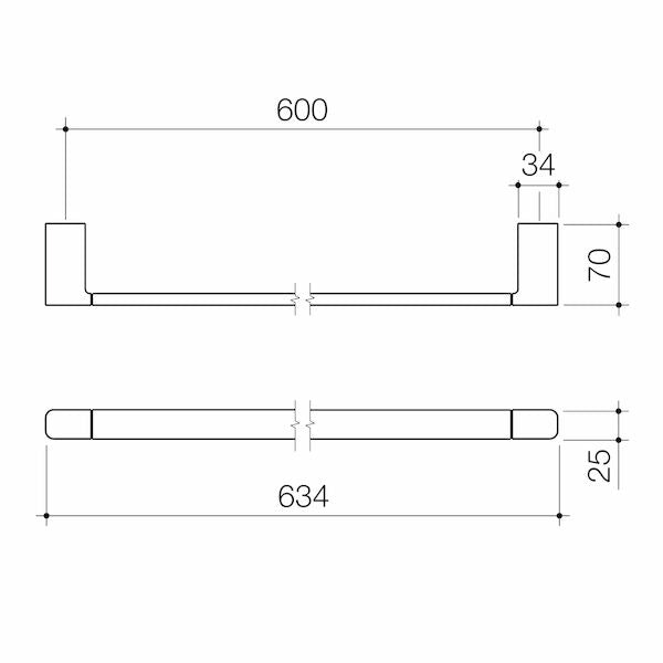 Technical drawing of Caroma Luna single towel rail, showing 600mm rail length and 634mm overall width with 34mm brackets in brushed nickel finish