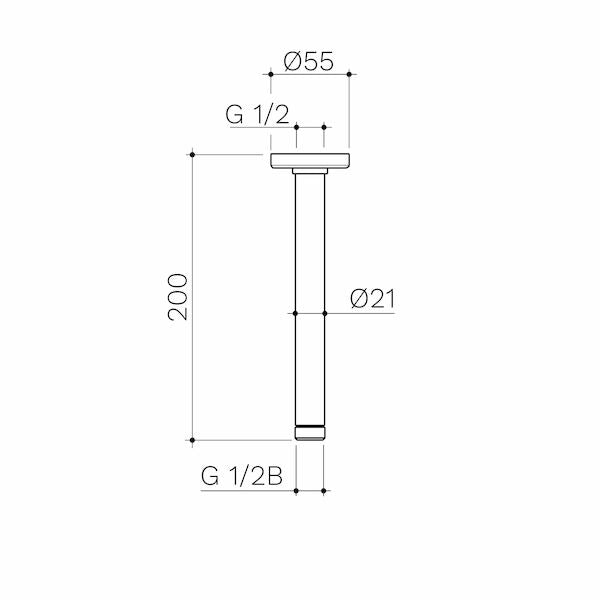 Caroma 200mm chrome ceiling shower arm technical drawing with dimensions and G 1/2 fittings
