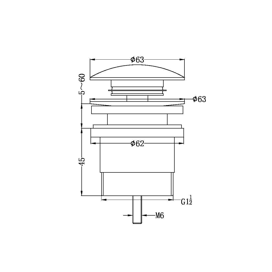 Technical line drawing of Nero Universal pop up basin waste, showing dimensions and G1 1/2 thread, gunmetal finish not visible