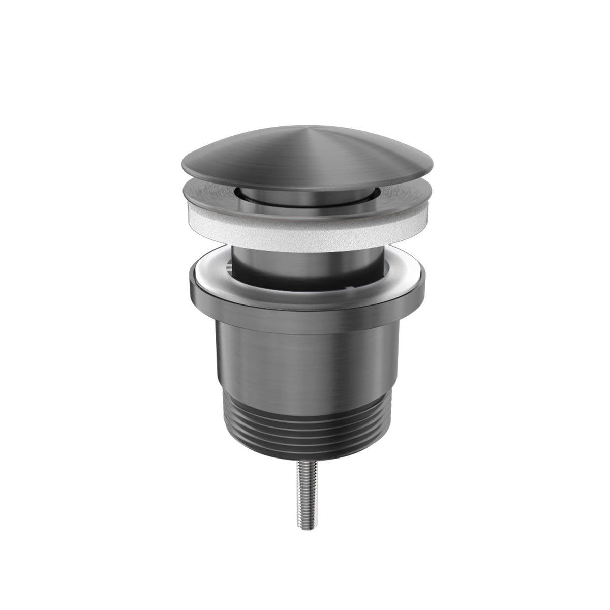 Nero Universal pop up basin waste in gunmetal finish, isolated front view with threaded fitting visible