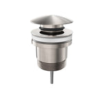 Nero Universal pop up basin waste in brushed nickel, shown against white with threaded underside and domed plug removed
