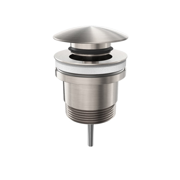 Nero Universal pop up basin waste in brushed nickel, shown against white with threaded underside and domed plug removed