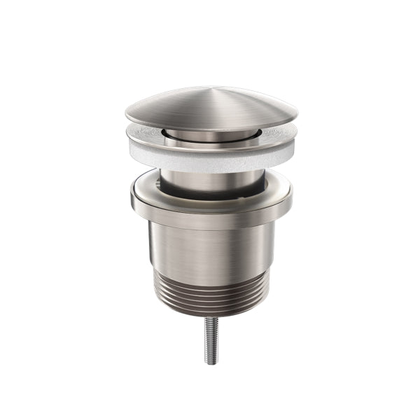 Nero Universal pop up basin waste, brushed nickel, shown in upright detail view on white background