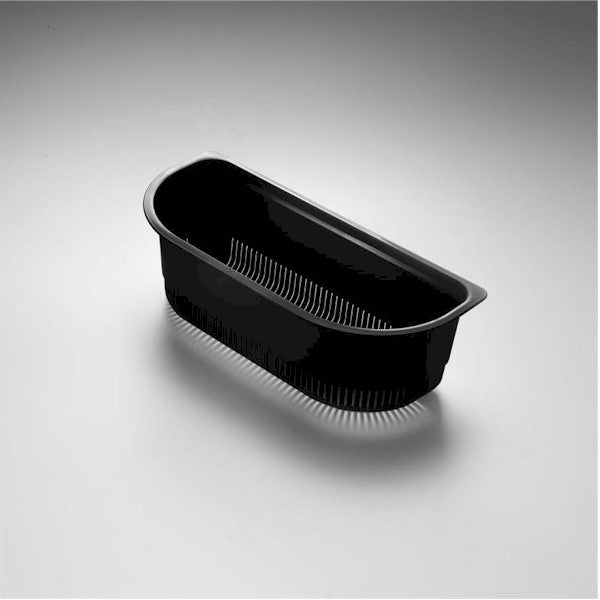 Oliveri Diaz and Petite charcoal sink colander, oval black kitchen accessory with slotted base on grey background