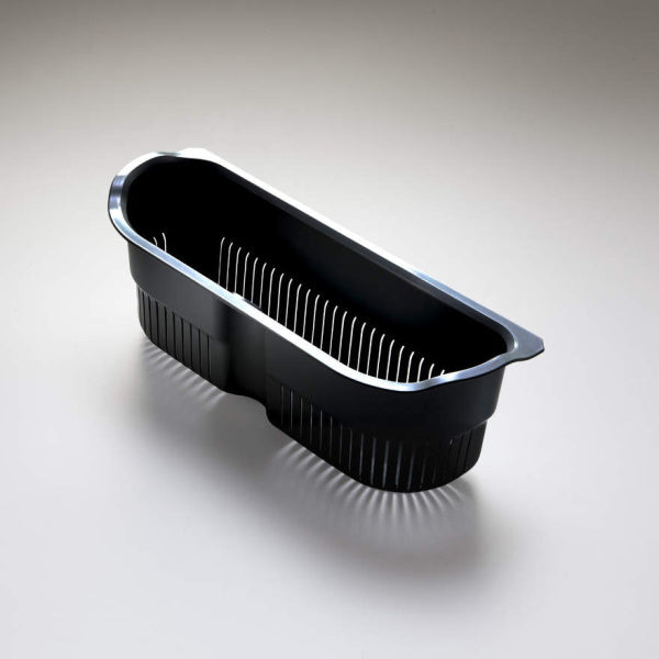 Oliveri Nu-petite black sink colander with chrome rim, oval single bowl insert on grey background