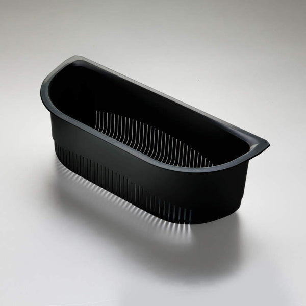 Oliveri Monet black main bowl sink colander, oval, angled view