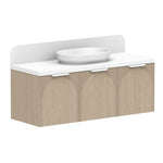 ADP Archie wall hung vanity in light woodgrain with white Caesarstone top and curved splashback, shown with basin