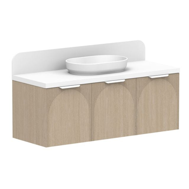 ADP Archie wall hung vanity in light woodgrain with white Caesarstone top and curved splashback, shown with basin
