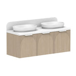 ADP Archie wall hung vanity with white top, arched timber-look front and double oval basins, front view